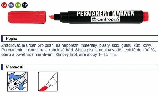 Popisovač Centropen 8576 klínový hrot 5 mm lihový PERMANENT - červený